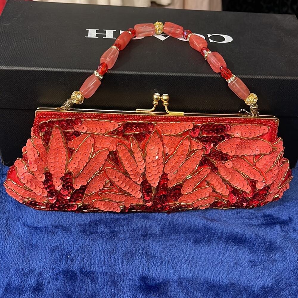 YILIN Orange Red Handmade Sequined  Evening Party Hand Bag Beads Rhinestones